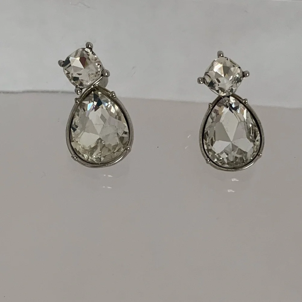 Clear Jewel Rhinestone Teardrop Earrings with Stud Silver Toned Hardware